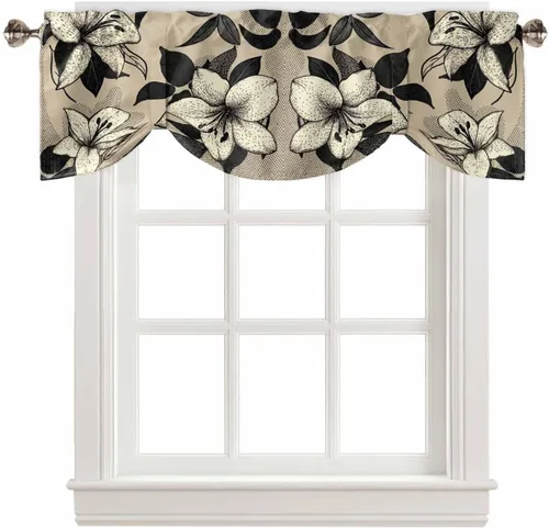 Vista 8 de Cortinas de cenefa de flores negras y beige para ventanas, cortinas de cocina, cortinas rústicas retro beige, cortinas botánicas cortas