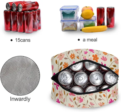 Vista 5 de Pequeñas flores patrón de follaje rosa naranja beige claro portátil lonchera mujeres aisladas bolsas de almuerzo para mujeres para camping bolsos