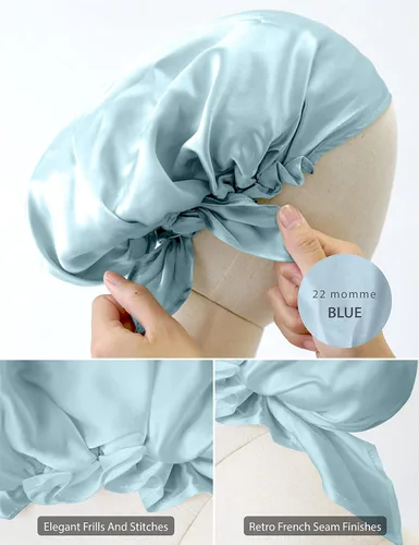 Vista 5 de SissiLita Gorro de seda 100% para dormir, gorro de seda grande con banda de amarre para el cuidado del cabello rizado (azul)