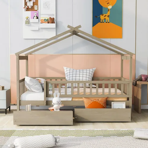 Vista 27 de RUNNA Marco de cama de madera de tamaño matrimonial con valla, para niños, adolescentes, niñas, niños, (Natural-Thinck 4col)