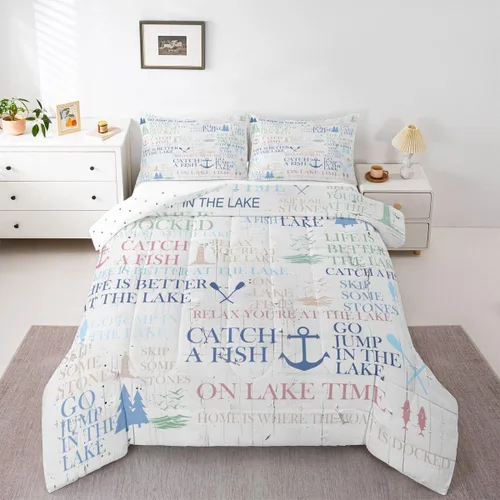 Vista 5 de Juego de edredón Lake House tamaño Twin, juego de ropa de cama náutica de navegación con ancla de 2 piezas para decoración de habitación de niños