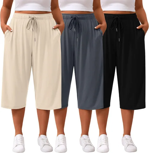 Vista 7 de Paquete de 3 pantalones capri de talla grande para mujer, ajuste holgado, pierna ancha, pantalones recortados para yoga, descanso, entrenamiento