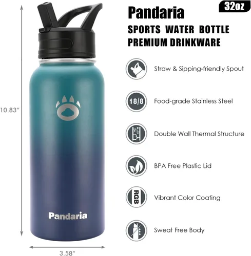 Vista 4 de Insulated Water Bottle 32oz, Stainless Steel Water Bottle with Straw & Spout Lids & Paracord Handle with Straw