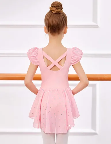 Vista 9 de Zaclotre Leotardo de ballet de manga con volantes y falda para niñas con espalda cruzada