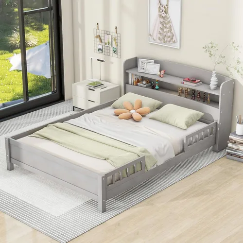 Vista 11 de Harper & Bright Designs Base de cama individual para niños con cabecera de almacenamiento y barandilla, marco de cama de plataforma individual