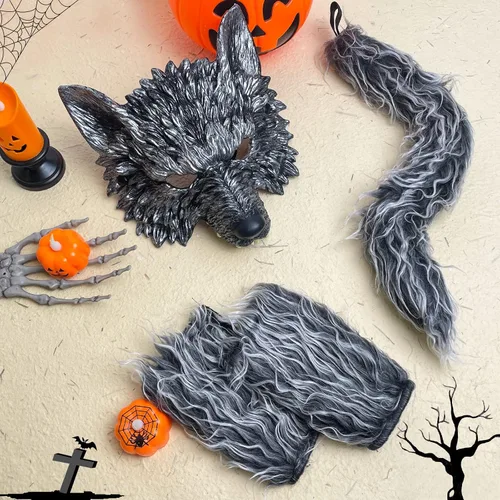 Vista 6 de HyperFun Disfraz de hombre lobo de Halloween, máscara de lobo y juego de colas, disfraz de lobo realista, kit de accesorios de cosplay