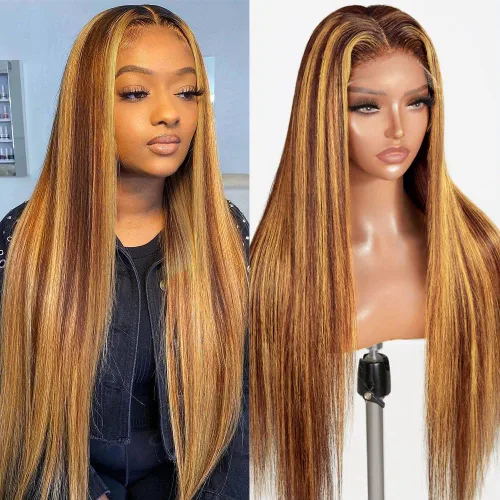 Vista 8 de Flady Peluca de cabello humano con encaje frontal ombré, prearrancada, sin pegamento, peluca frontal de encaje HD 4/27, pelucas de cabello humano