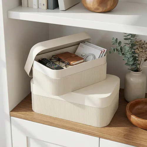Vista 6 de Cajas de almacenamiento decorativas con tapas: juego de 2 hermosos cubos organizadores de cartón acanalado para la decoración de estanterías de tu