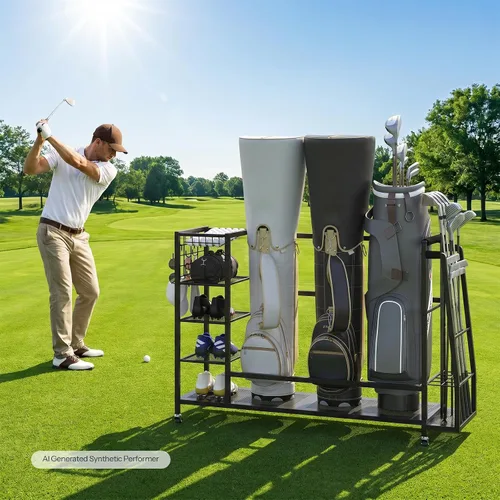 Vista 2 de HOOBRO Golf Bag Storage Garage Organizer, Golf Bag Storage Stand Fits 3 Golf Bags and Golf Equipment Rack with Wheels, Extra Storage Rack for
