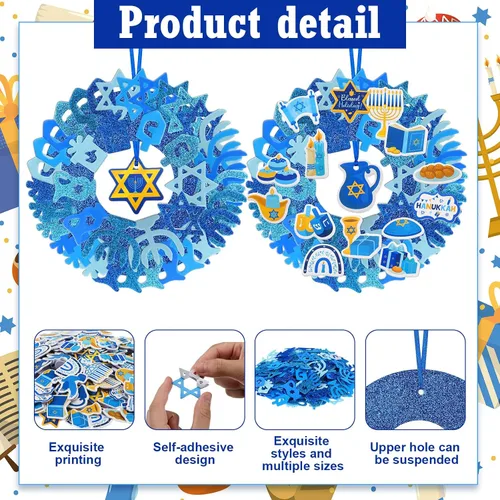 Vista 3 de Yeaqee Juego de 448 calcomanías de espuma de Hanukkah, decoraciones de corona de Januka, velas autoadhesivas con purpurina para menorás, velas