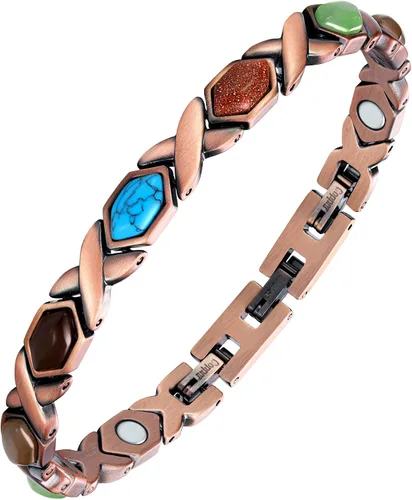 Vista 12 de Feraco Pulseras de Cobre Puro para Mujeres, Pulsera Magnética de Ultra Fuerza con Imanes de 3800 Gauss y Turquesa Natural y Piedras, Ajustable