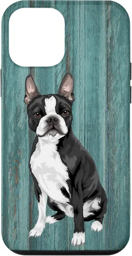 Vista 16 de Boston Terrier Faux Blue Wood Background Case for iPhone 17