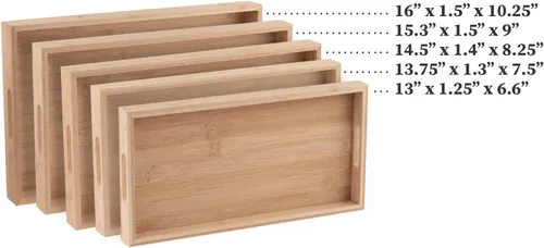 Vista 5 de Bandeja de bambú para servir decoración de bambú – Bandeja de bambú de desayuno anidado de cinco piezas – Bandejas de madera para organizar