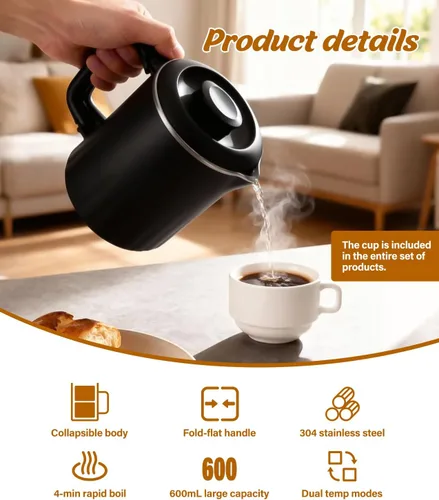 Vista 4 de Hervidor eléctrico portátil de viaje, hervidor de agua pequeño de 20.3 fl oz con taza de cerámica, caldera de agua de acero inoxidable 304 con doble