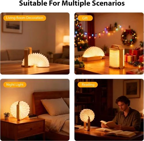 Vista 3 de Lámpara portátil de bambú - Linterna japonesa plegable con carga USB, pantalla de papel de fibra resistente a rasgaduras e impermeable, luz de viaje