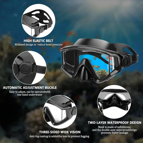 Vista 4 de Equipo de esnórquel para adultos, jóvenes y niños, juego de máscara de esnórquel, máscara de buceo, gafas de natación, máscara de buceo, a prueba