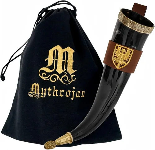 Vista 21 de Mythrojan Cuerno vikingo para beber 100% natural, auténtico, decoración de latón, cuerno nórdico con funda de cuero negro, bolsa de lona para vino