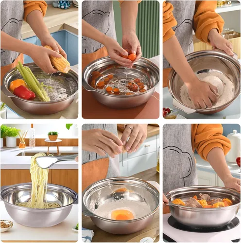 Vista 4 de Colador de acero inoxidable para cocina, colador de arroz de 2.5 cuartos con tazón para mezclar, juego de cuencos coladores con microporoso