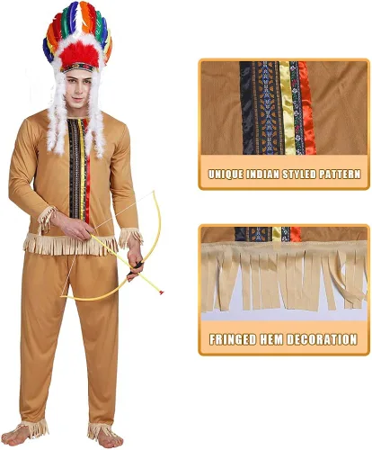 Vista 4 de EraSpooky Disfraz indio para hombre, disfraz de nativo americano, para hombre y mujer, adulto, Halloween
