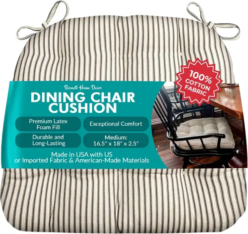 Vista 93 de Barnett Home Decor Ticking Stripe Berlin Blue - Almohadilla para silla de comedor con lazos, tamaño mediano 18, relleno de espuma de látex, lavable