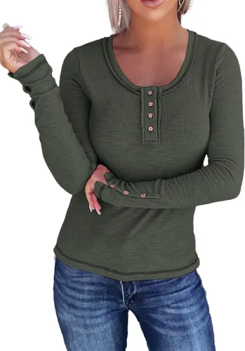 Vista 3 de KINLONSAIR Women Long Sleeve Henley Shirts Scoop Neck T-shirt Basic Tops Verde militar
