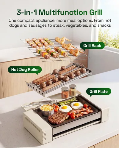 Vista 2 de HBN máquina de parrilla rodante para hot dogs 3 en 1 con placa antiadherente y parrilla, parrilla eléctrica compacta de 800W para salchichas