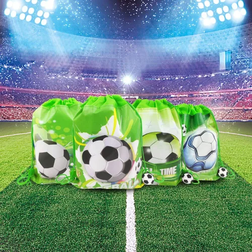 Vista 2 de Paquete de 12 bolsas de regalos de fiesta de cumpleaños con cordón de fútbol, bolsa de suministros de fiesta temática deportiva, paquete de regalo
