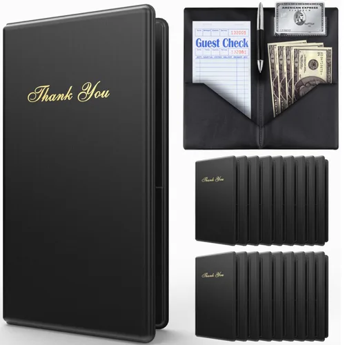 Vista 5 de Presentadores de cheques para restaurantes – Paquete de 10 tarjeteros de cheques de invitados, color negro con impresión de agradecimiento dorada