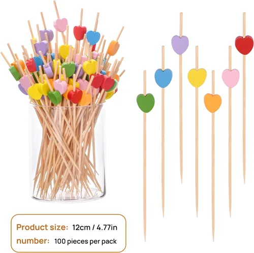 Vista 2 de JtmyAota Paquete de 100 palillos de dientes de frutas, palillos de bambú en forma de corazón, palillos de bambú natural para aperitivos, pastel