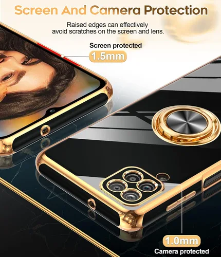Vista 4 de LeYi Funda para teléfono Galaxy A12: con protector de pantalla de vidrio templado [paquete de 2] Soporte de anillo giratorio de 360°, soporte Rosa