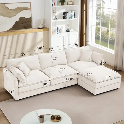 Vista 2 de Sofá modular beige en forma de L, moderno sofá convertible en forma de L de 3 plazas de chenilla suave, cómodo tapizado con juego otomano extraíble