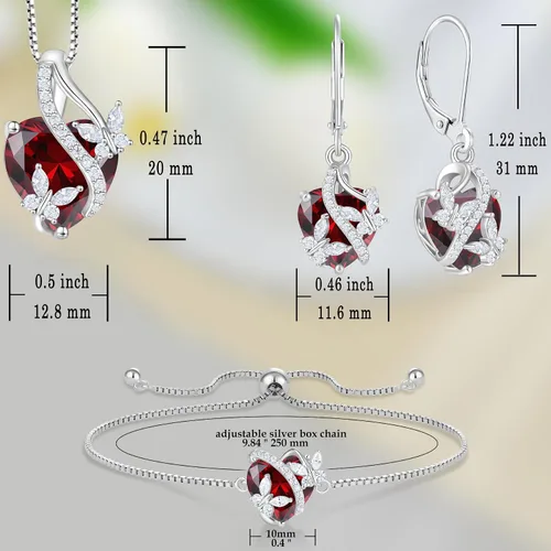 Vista 6 de Juego de joyas de plata de ley con diseño de mariposas y granate para mujer, collar, aretes, pulsera, regalo