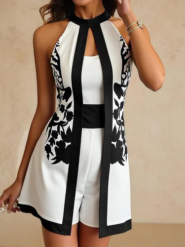 Vista 3 de Enterizo halter con estampado retro para mujer, elegante, con abertura frontal, sin mangas, para fiesta de noche