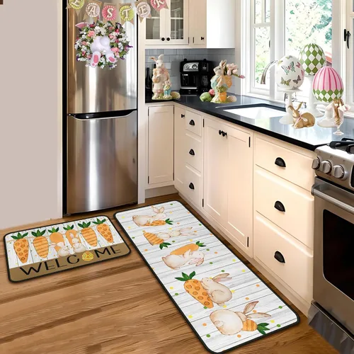 Vista 3 de Juego de 2 alfombras y tapetes de cocina de conejo de zanahoria y conejo, decoración de Pascua antideslizante, decoración de Pascua para el hogar