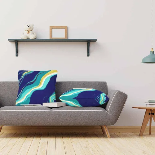Vista 3 de Juego de 2 fundas de cojín con diseño elegante de textura de mármol azul oscuro y dorado, para sofá, silla, dormitorio, decoración moderna, 18 x 18