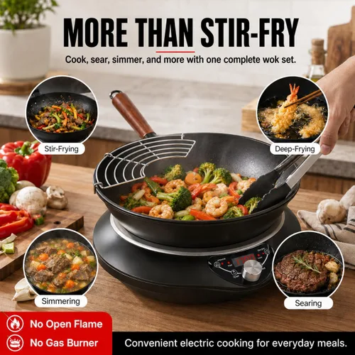 Vista 3 de Set de encimera de wok de inducción GastroGear, sartén eléctrica nueva y mejorada de 2025 con quemador de inducción, wok de acero al carbono, tapa