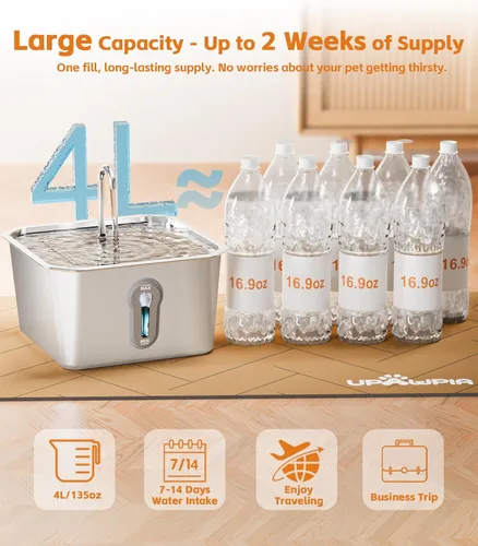 Vista 6 de Fuente de agua grande de acero inoxidable para gatos de 4 litros/135 onzas con 3 filtros, fuente de agua para mascotas, silenciosa, para interiores