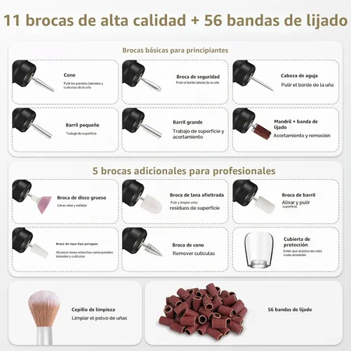 Vista 8 de TUOBEO - Kit de lima de uñas eléctrica para taladro de uñas inalámbrico, juego de archivos electrónicos recargables Negro