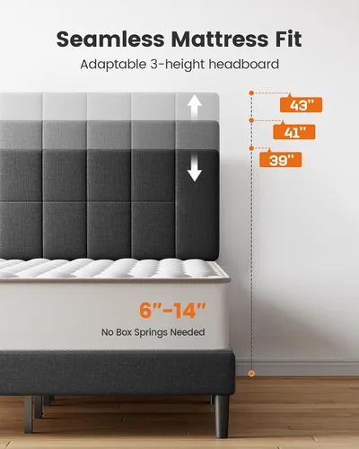 Vista 4 de Pipishell Base de cama tapizada de tamaño matrimonial con cabecera ajustable de 3 alturas, base de colchón totalmente tapizada, fuerte capacidad