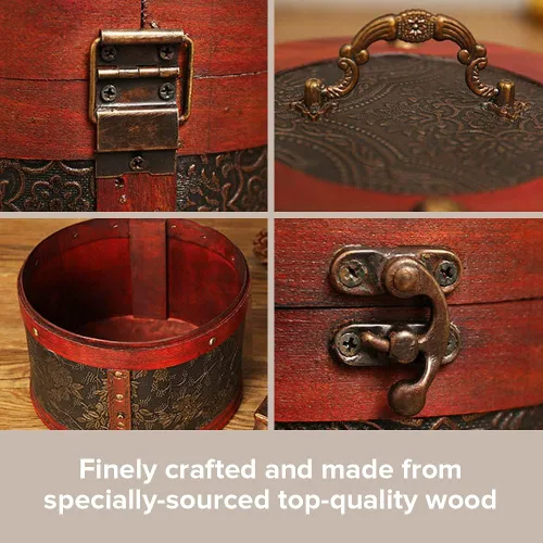 Vista 6 de Joyero vintage, caja de baratijas de estilo victoriano clásico con cerradura, caja de madera cilíndrica para accesorios, pequeña caja de recuerdo