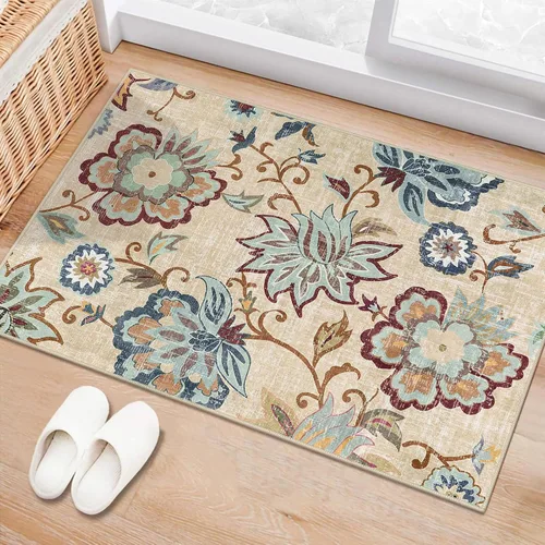 Vista 67 de Beeiva Alfombras florales de entrada, lavables para interiores, ultra fina, de 2 x 3 pies, antideslizante, para cocina, tapete de cachemira suave