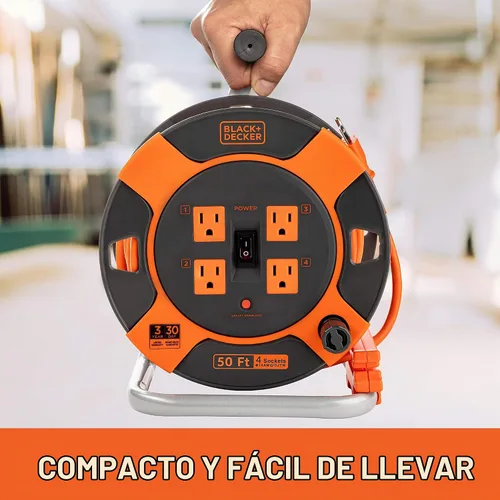 Vista 5 de BLACK+DECKER Carrete de cable de extensión retráctil de 50 pies con 4 tomas, extensión de enchufe múltiple, rebobinado de fácil mango y cable SJTW