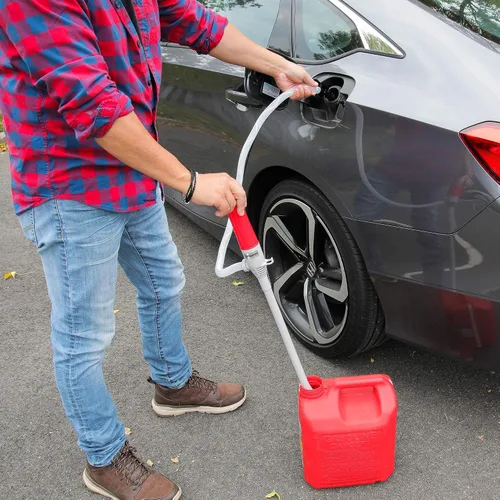 Vista 2 de Bomba de transferencia de combustible automática DEWAY con parada automática, 3 veces más potente, funciona con batería D, manguera extralarga