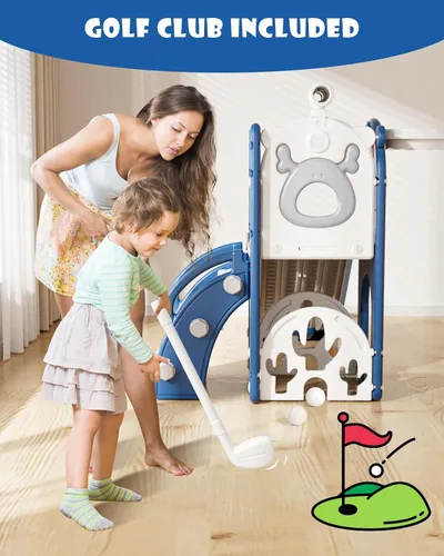 Vista 5 de YUFU Tobogán 7 en 1 para Niños para Niños Pequeños, Conjunto de Juego de Tobogán para Niños Pequeños con Golf, Escalador, Aro de Baloncesto