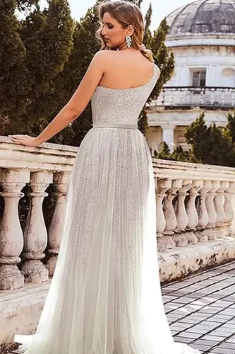 Vista 5 de Vestido de fiesta de tul sin mangas con lentejuelas brillantes y un hombro descubierto, vestido de fiesta formal de noche con abertura lateral