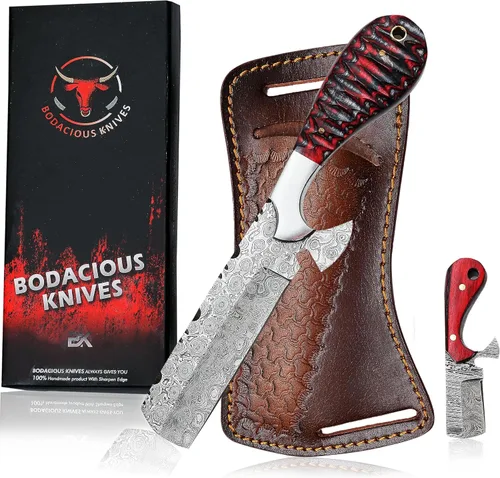 Vista 9 de Cuchillo cortador de toros de Damasco hecho a mano de 8 pulgadas con funda de cuero, cuchillo vaquero occidental para caza, desollar, acampar
