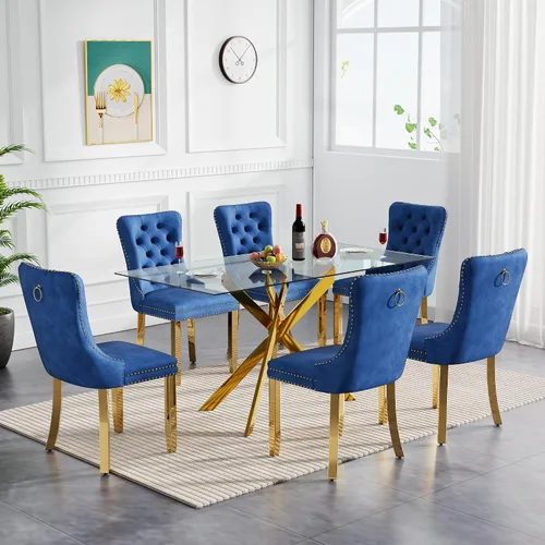 Vista 16 de Juego de mesa de comedor de cristal para cocina de 4, 5 piezas, mesa de comedor rectangular de 51 pulgadas con 4 sillas de cocina de terciopelo