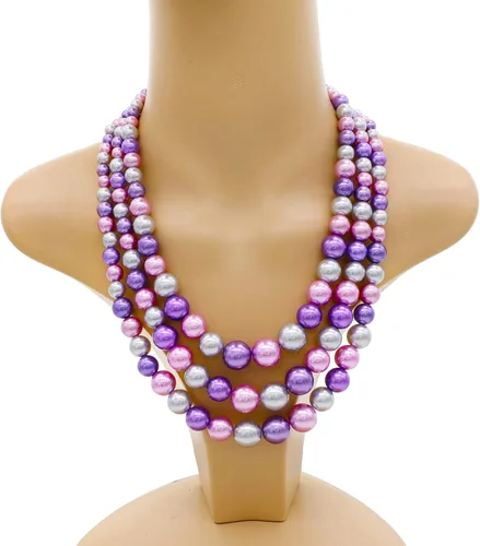 Vista 3 de Collar de perlas grandes de imitación para mujer, juego de collar y aretes de perlas de múltiples hebras, collar de perlas de 3 capas, perlas