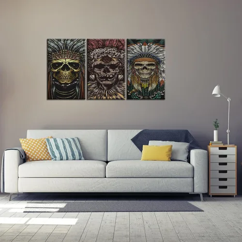 Vista 3 de Tocado indio americano, arte de pared, diseño de calavera tribal india, decoración de pared, cuadro de jefe nativo americano, lienzo impreso, marco