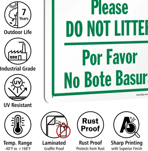 Vista 8 de SmartSign Letrero de metal con texto en inglés "Please Do Not Litter, Por Favor No Bote Basura" de 14 x 10 pulgadas, aluminio laminado a prueba